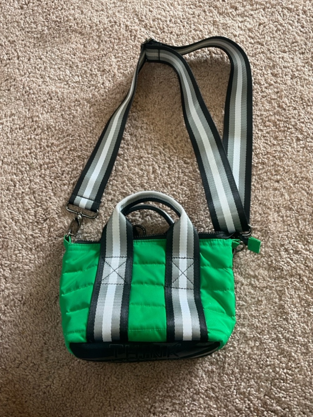 THINK ROYLN Lil Mama Green Quilted Mini Tote with Black and White Striped Strap